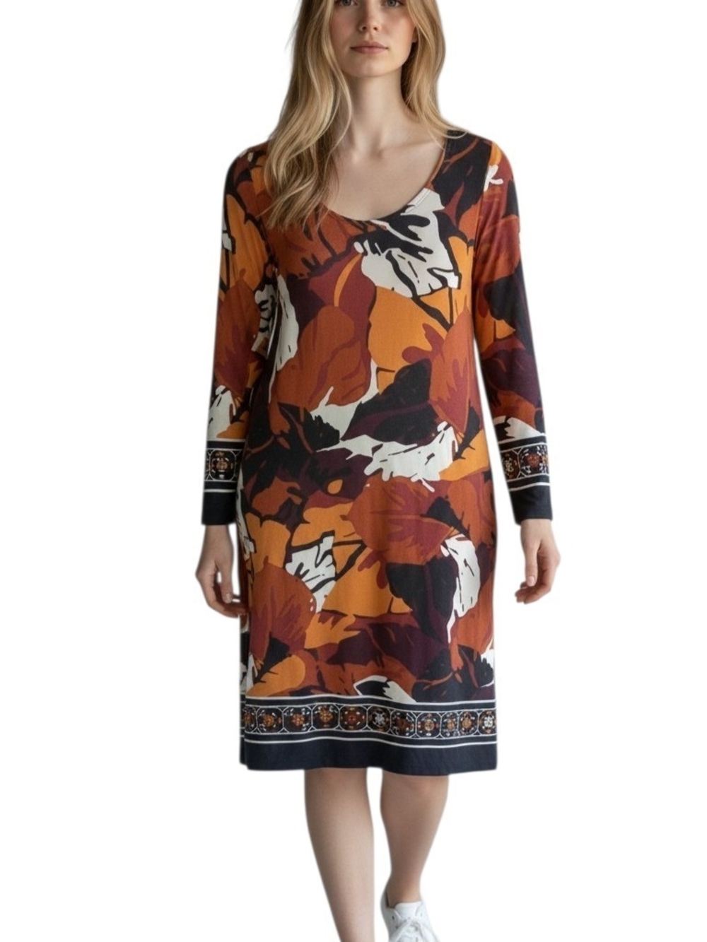 Glamour Long-Sleeve Floral Shift Dress in Rust, Black & Cream